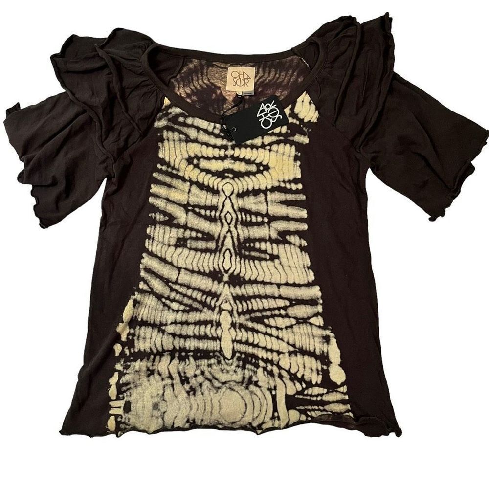 Chaser Women's Printed Round Neck Flutter Sleeve Top Dark Brown Cream Medium NWT
